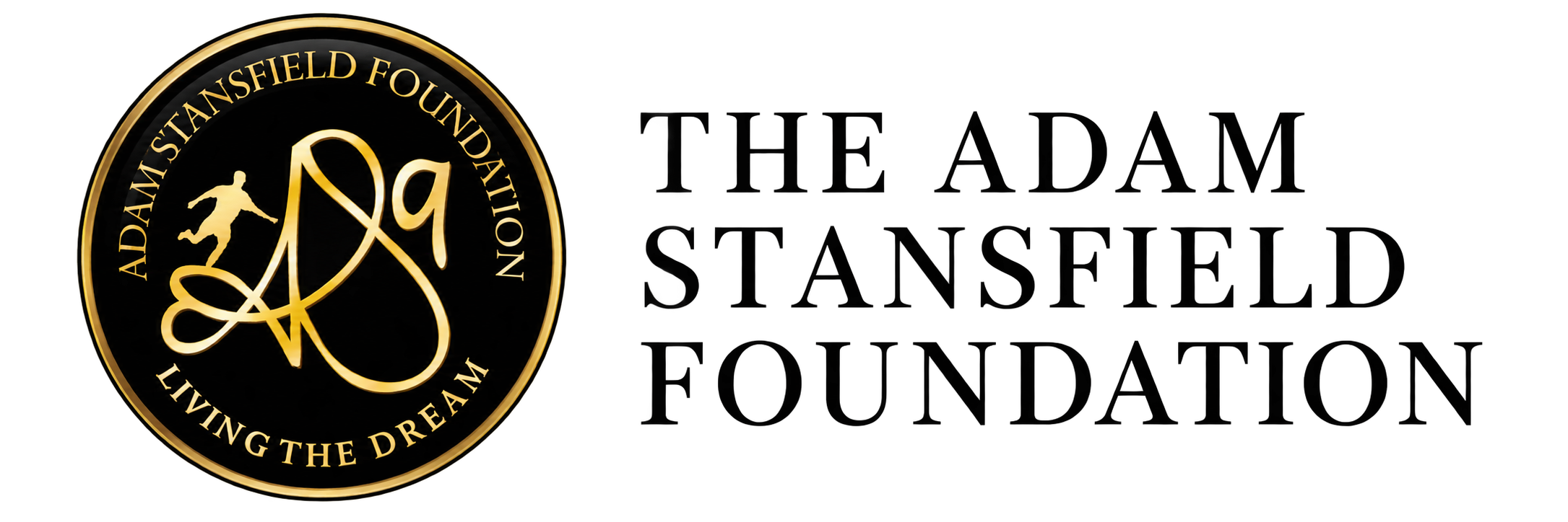 A circular black and gold logo for the Adalaiyn Stansfield Foundation with a silhouette of a person running, and the words 'Adalaiyn Stansfield Foundation' and 'Living the Dream' surrounding the icon.