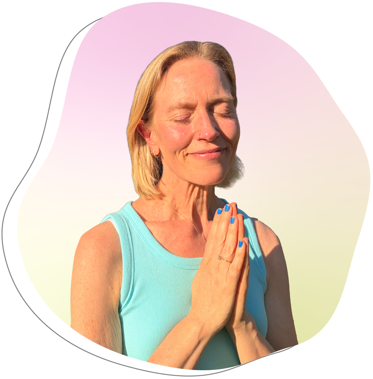 Carolyn, wearing a blue sleeveless top, practicing yoga outdoors with eyes closed and hands in prayer position, smiling peacefully with a colorful gradient background.