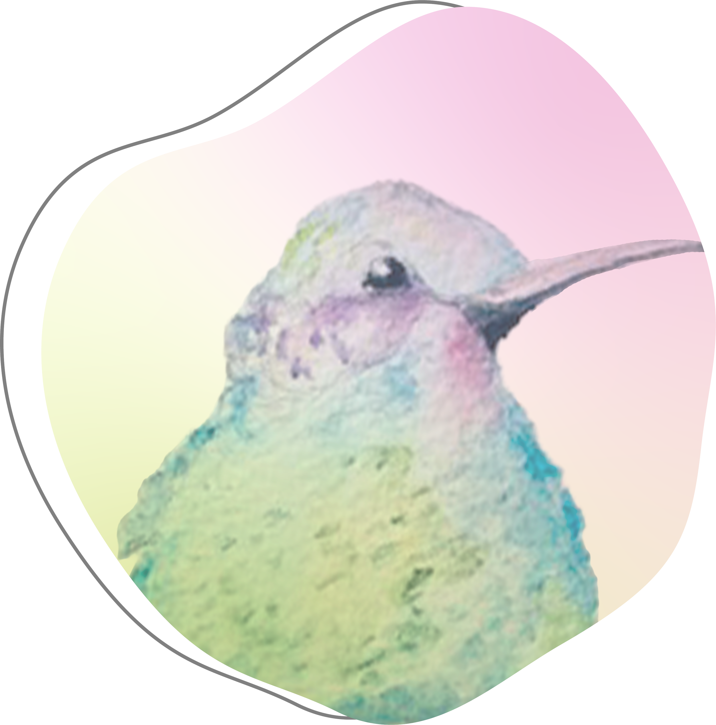 Close-up of a small watercolor bird set against a pastel pink and yellow background.