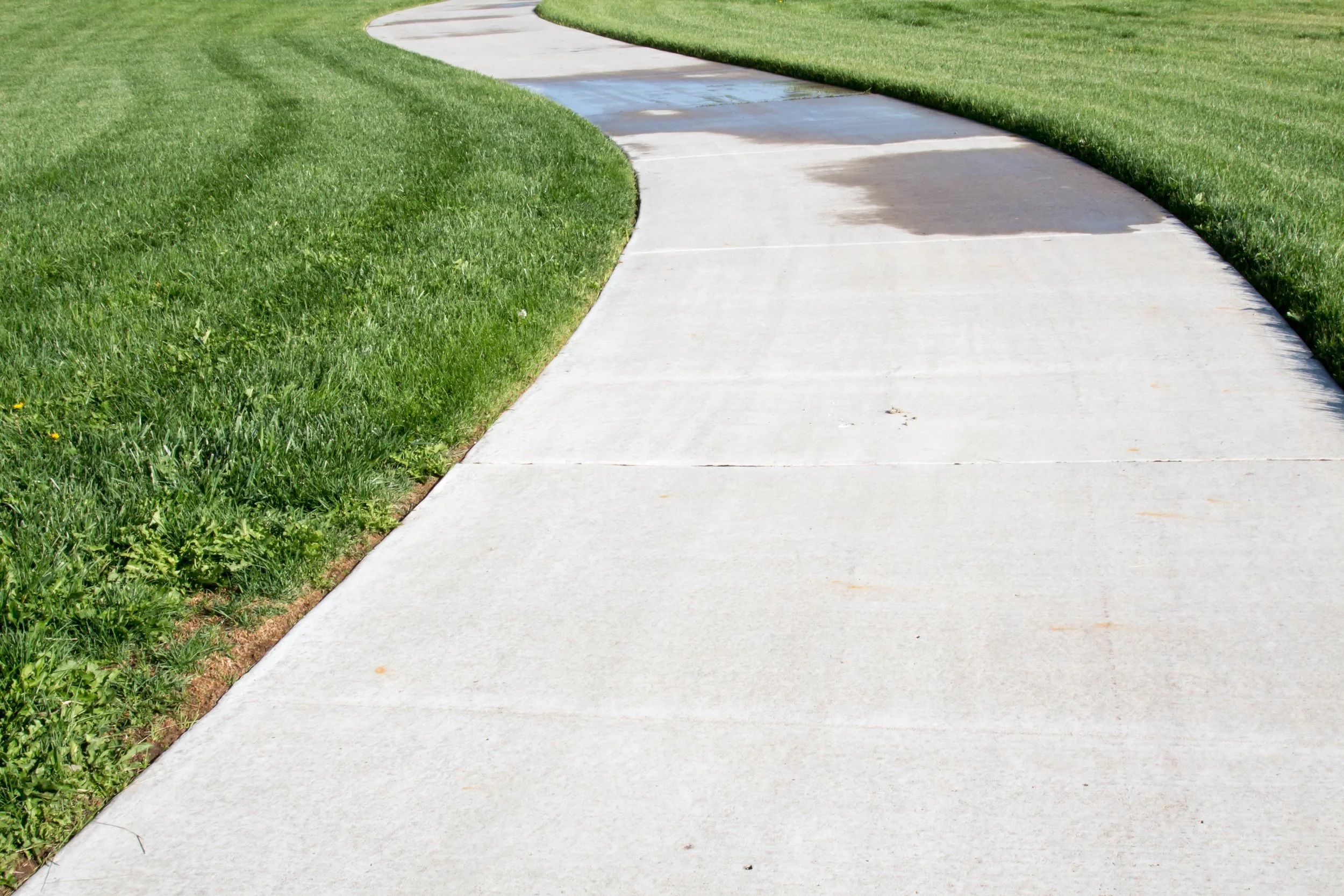 A sidewalk curves through a grassy yard on both sides, with the grass appearing lush and green.