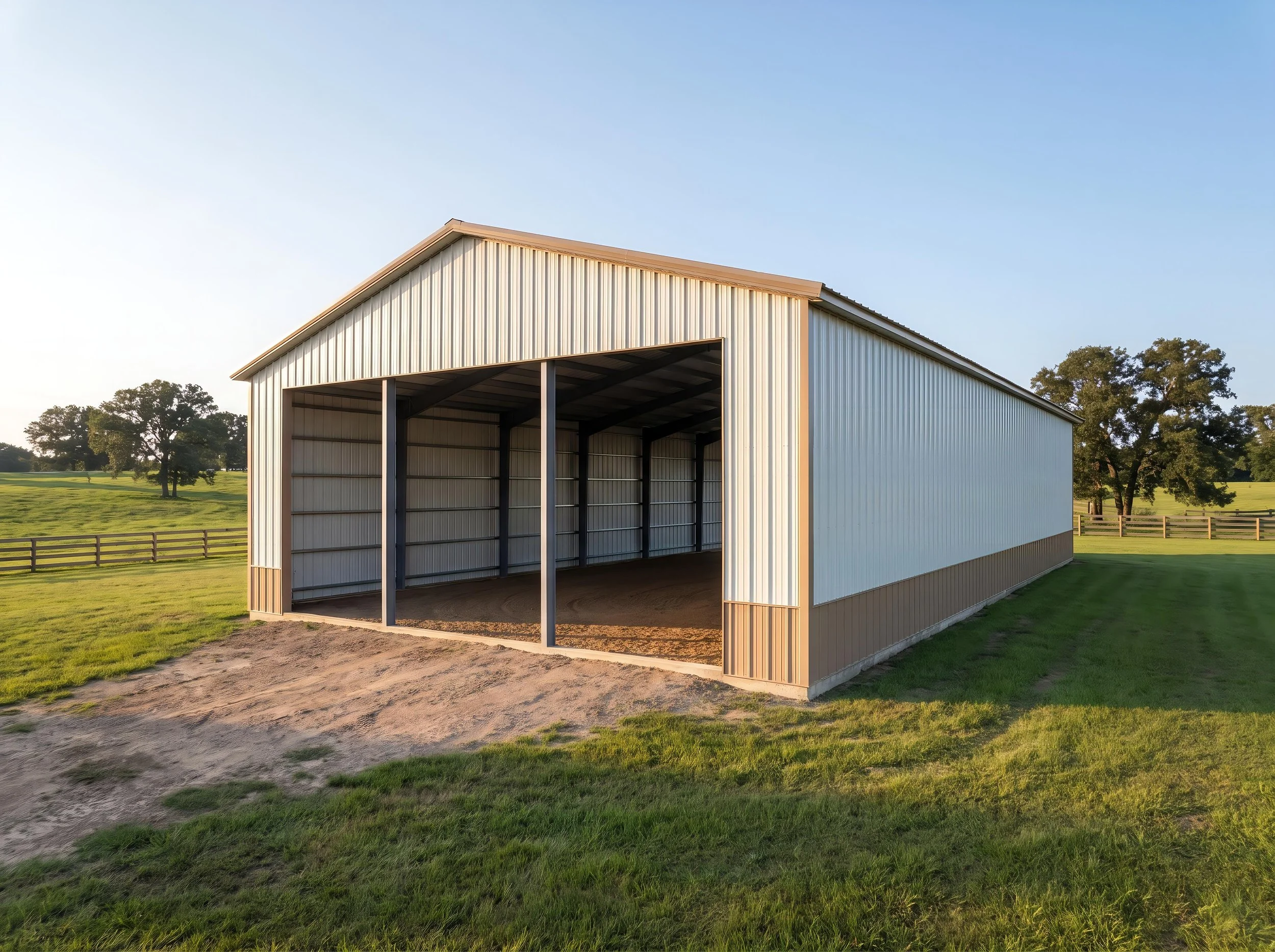 A white metal barn with open front, situated on a grassy field with trees in the background, under a clear blue sky.