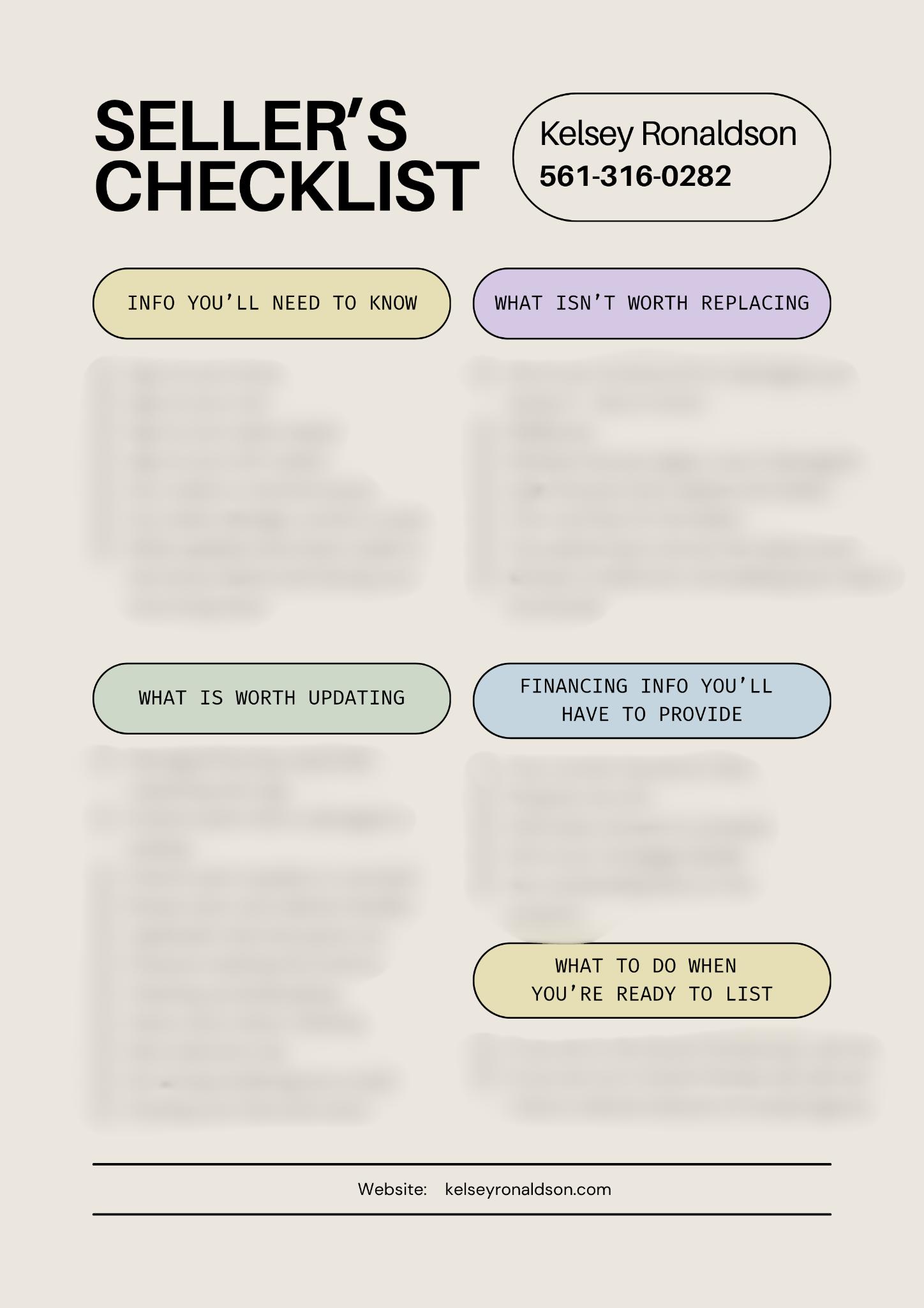 A seller's checklist with various sections and color-coded labels, including contact information for Kelsey Ronaldson, a website URL, and sections titled 'Info you'll need to know,' 'What isn't worth replacing,' 'What is worth updating,' and 'What to do when you're ready to list.'