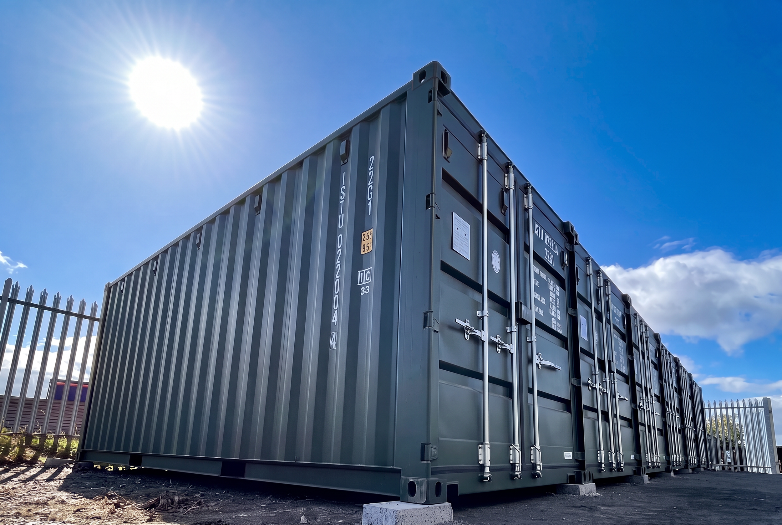 A row of gray storage containers outdoors with a bright sun in a clear blue sky.