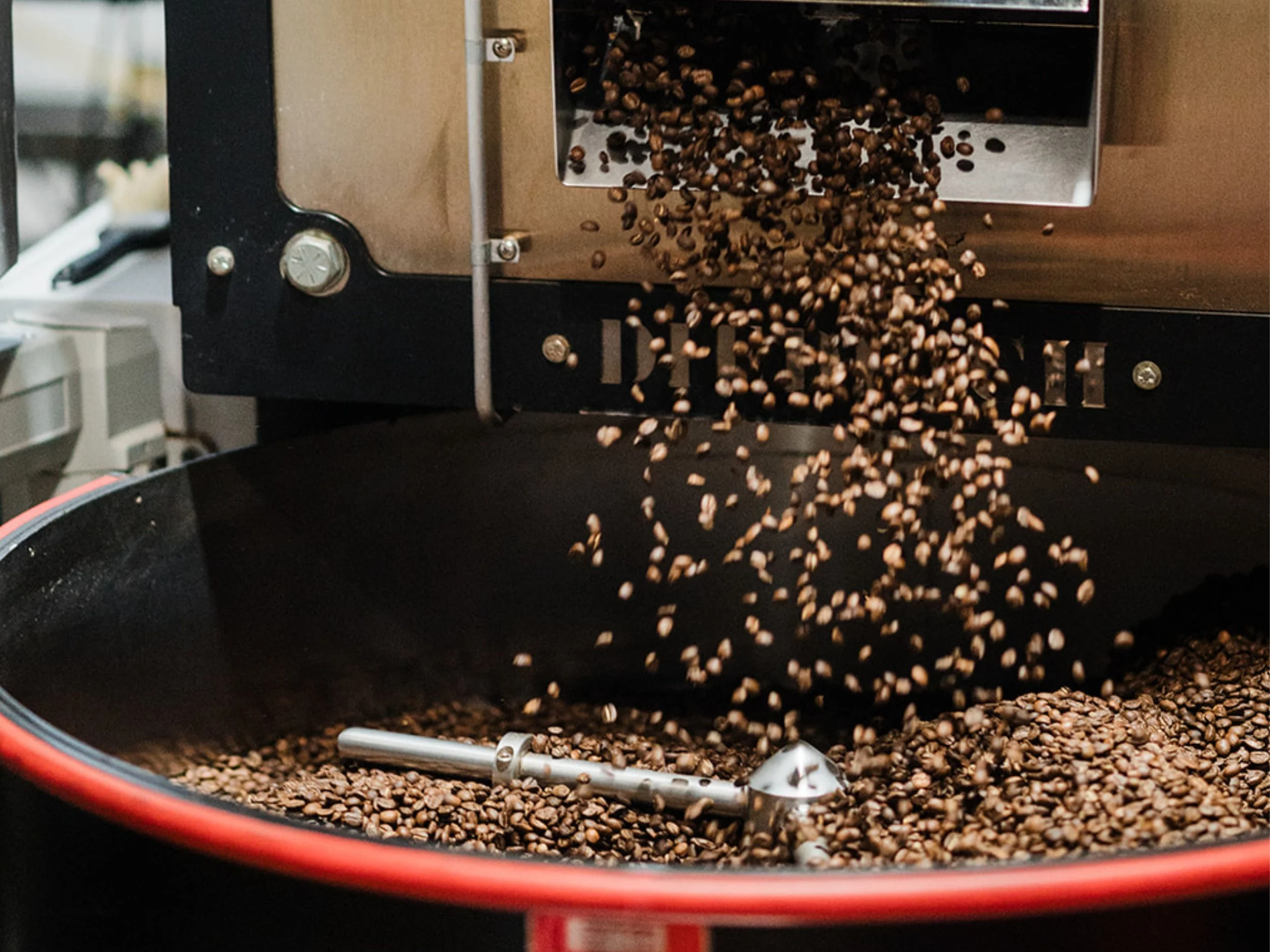 Coffee beans falling into a cooling tray after being roasted in a Loring coffee roaster