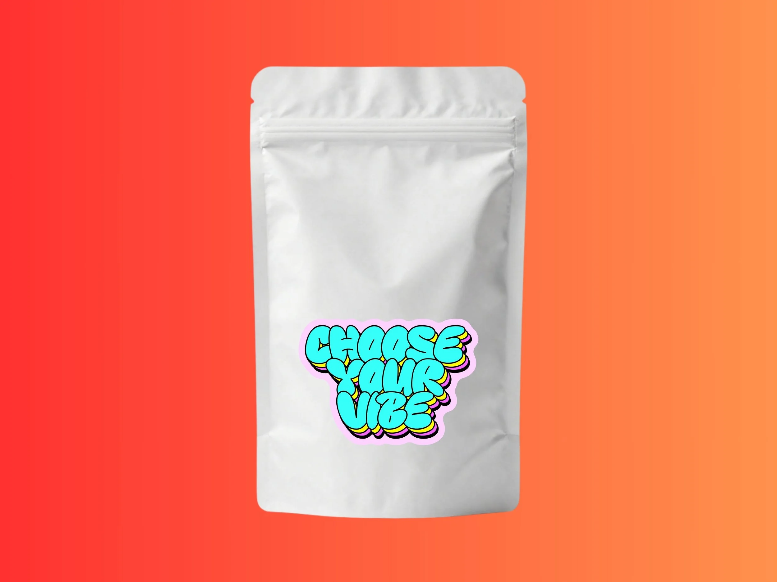 Custom branded coffee bag packaging. A white stand-up pouch with colorful graffiti-style text that reads 'Choose Your Vibe,' set against an orange-red background.