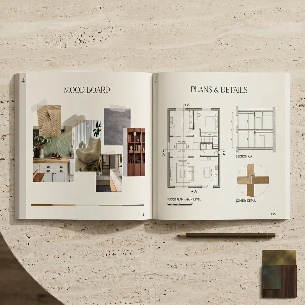 Un livre ouvert montrant des plans d'architecture, des détails de jointure, et une palette de mood board avec des images d'intérieur et des matériaux, placé sur une surface en pierre claire avec un crayon à côté.