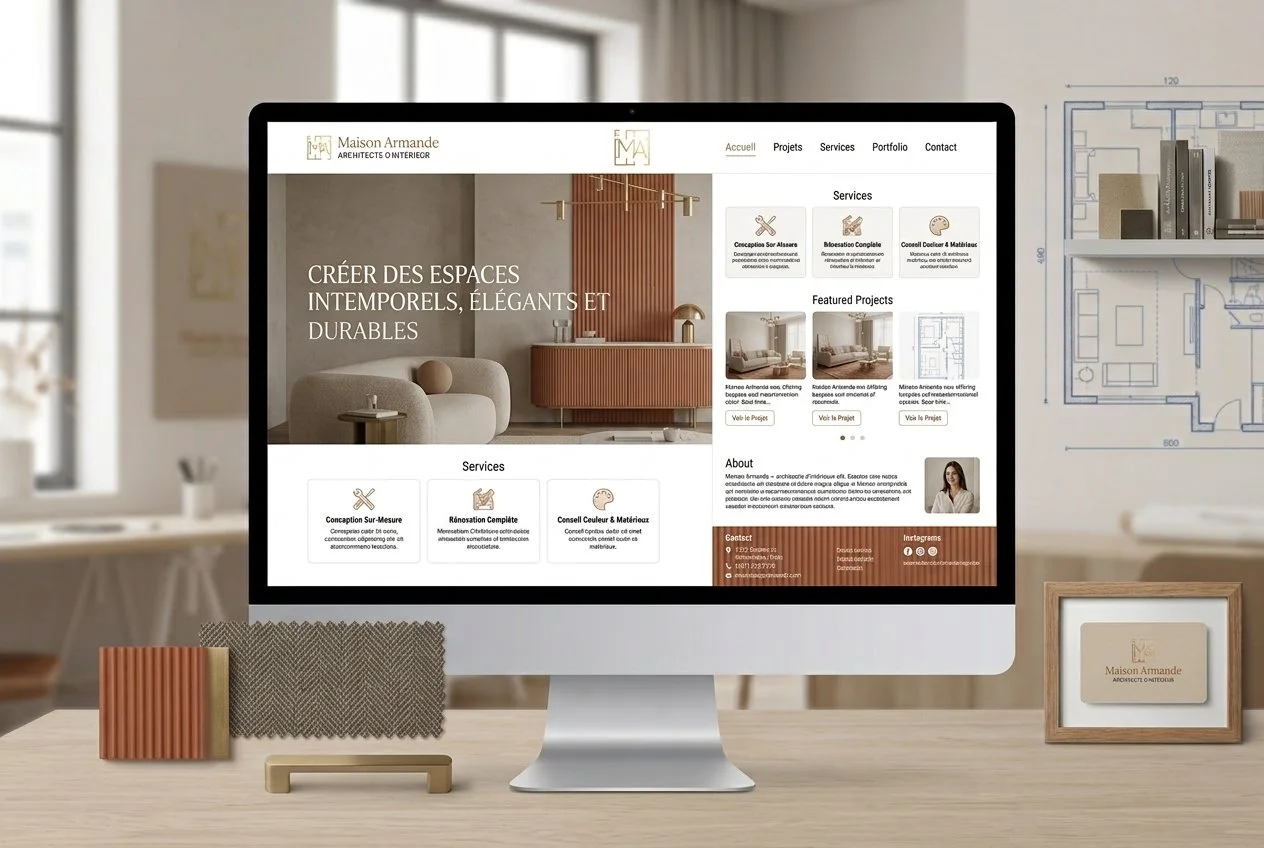 Capture d'écran d'un site web d'architecture sur un ordinateur. L'écran montre une page avec des projets et services, un intérieur moderne en arrière-plan, et une photo d'une femme dans la section 'About'.