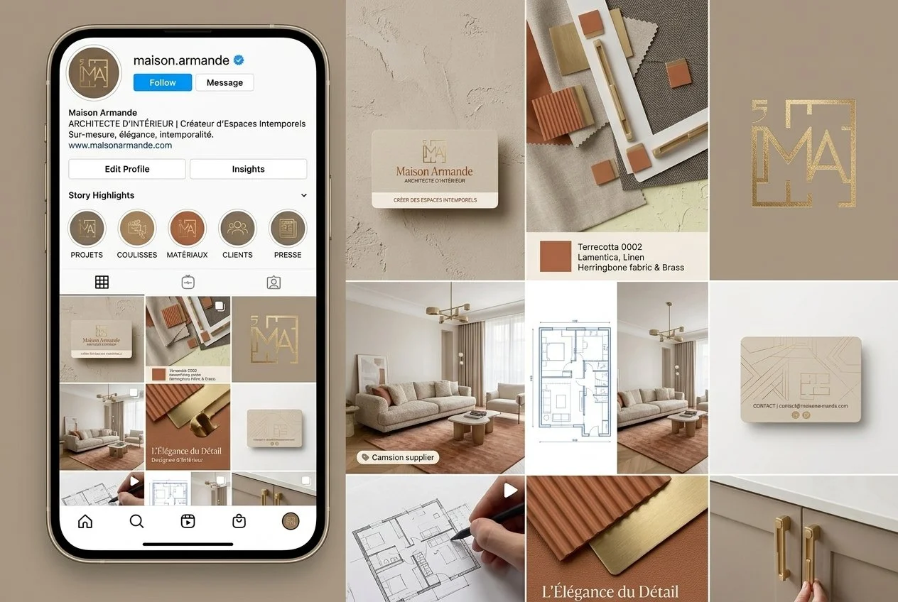 Capture d'écran d'un profil Instagram d'un architecte d'intérieur, montrant des matériaux, des plans, et des images de décoration intérieure.