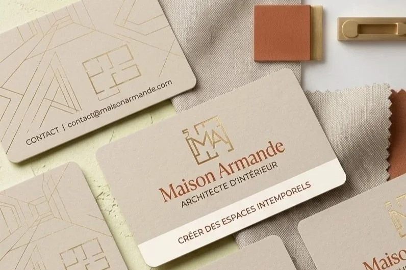 Cartes de visite de l'architecte d'intérieur Maison Armande, avec logos, codes couleurs et échantillons de matériaux