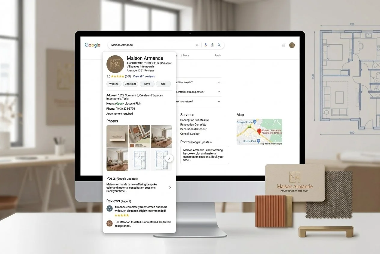 Capture d'écran d'une recherche Google d'entrepreneur créatif affichant les détails d'une entreprise d'architecture intérieure, avec des échantillons de matériaux, plans d'étage et un emplacement sur la carte.