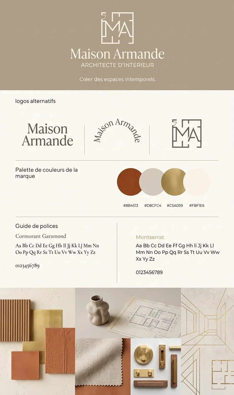 Présentation de l'identité visuelle d'une architecte d'intérieur, comprenant des logos, une palette de couleurs, un guide de polices, et des images de matériaux et d'éléments décoratifs.
