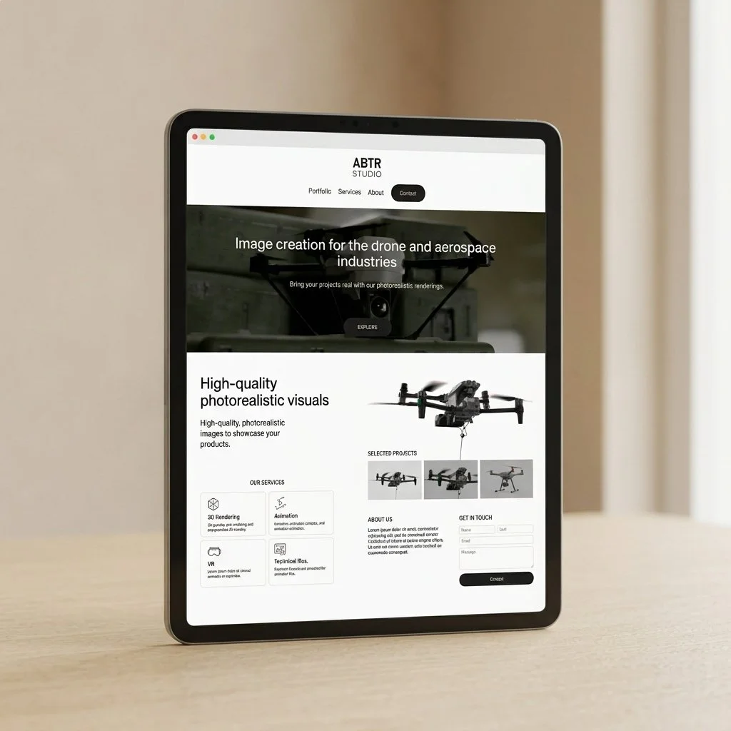 Une tablette affichant un site web de création d'images pour l'industrie des drones et de l'aérospatiale, avec différentes sections et images de drones.