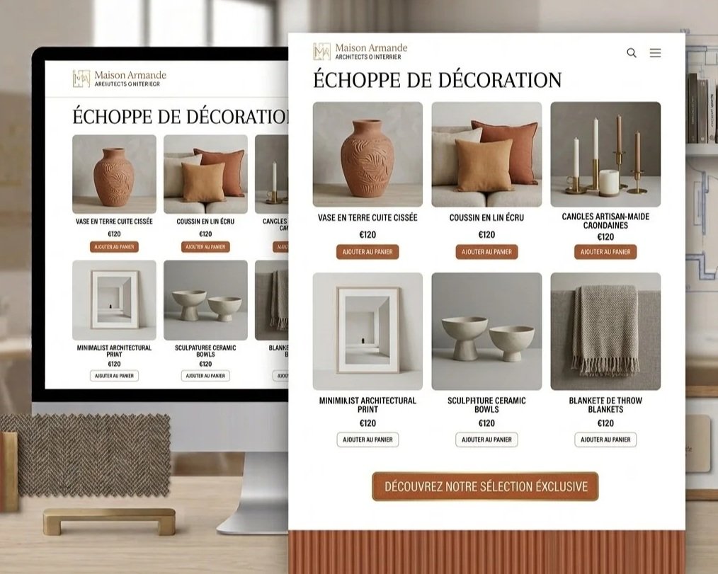 Page d'un site web d'une boutique de décoration avec des produits comme des vases, coussins, bougies, figurines en céramique, cadres d'art, et couvertures, tous affichés avec leurs prix.