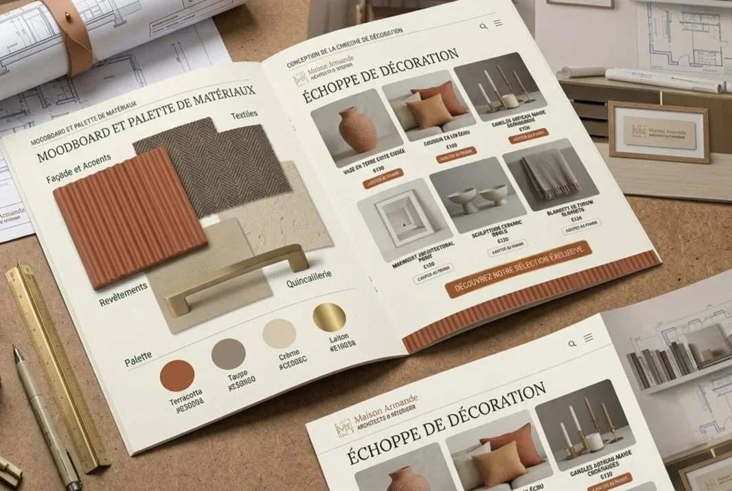 Brochures et échantillons de matériaux pour décoration intérieure disposés sur une table.