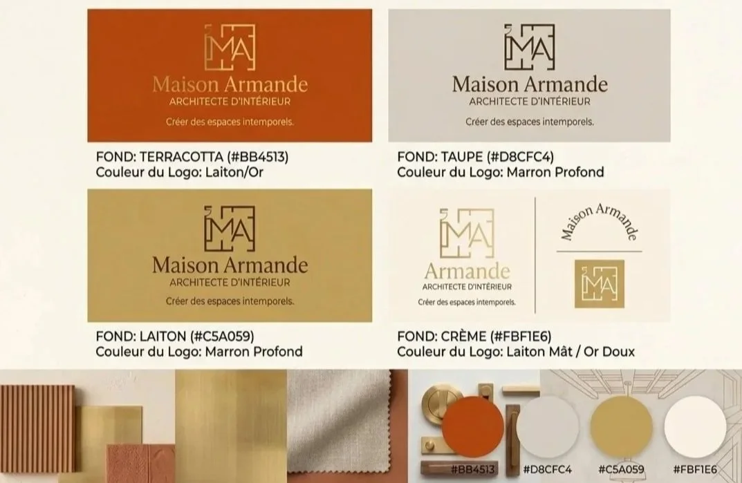 Palette de couleurs et logo pour Maison Armande, architecte d'intérieur, avec différentes nuances de marron, beige, et blanc, incluant des explications sur les fonds et les couleurs du logo.