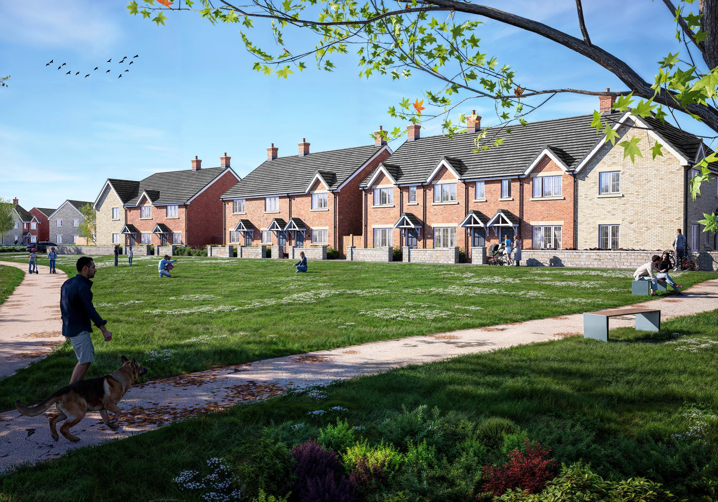 A row of modern brick townhouses viewed from a park with children playing, a man walking a dog, and lush greenery under a blue sky.