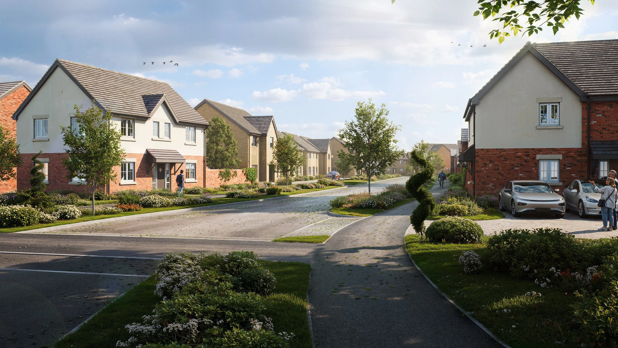 A residential neighborhood with modern houses, manicured lawns, trees, and parked cars, under a partly cloudy sky.