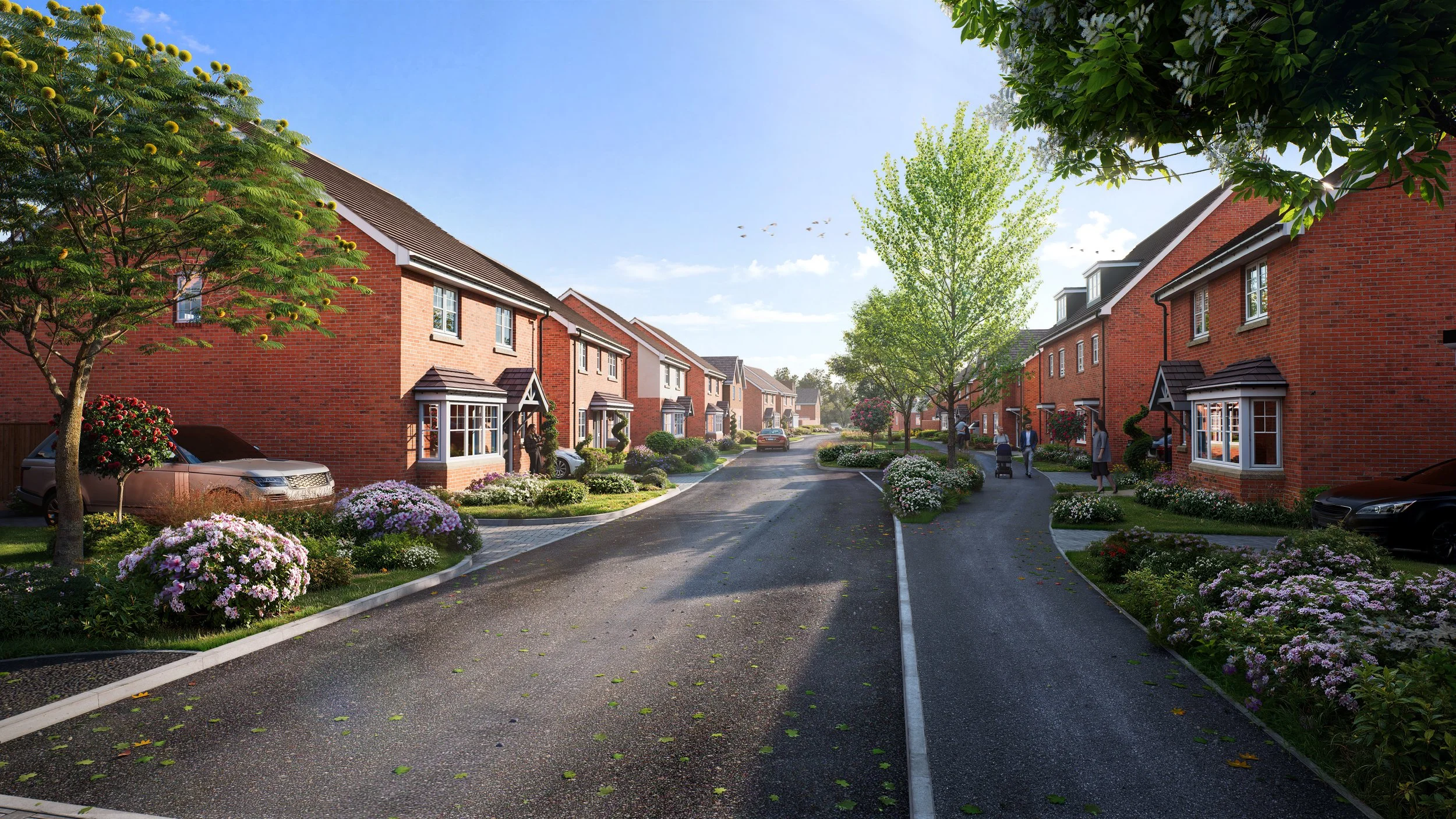 A peaceful suburban street lined with red brick houses, green trees, colorful flowers, and parked cars under a blue sky with some clouds.