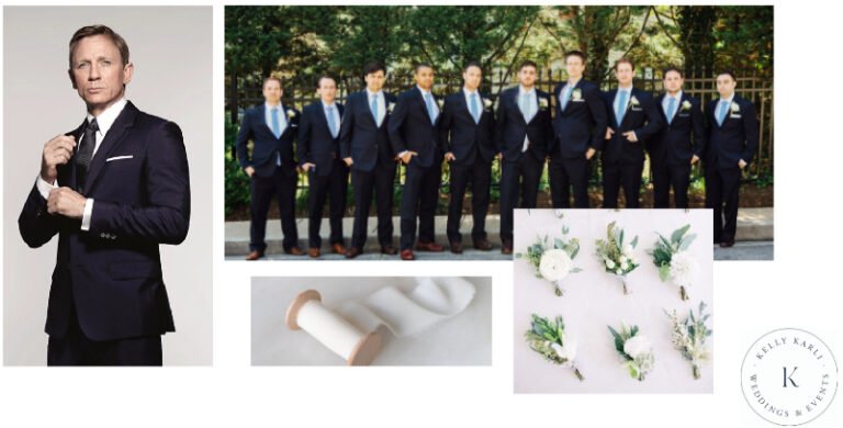 Groomsmen in navy suits with boutonnieres and silk accents, reflecting refined wedding design ideas.