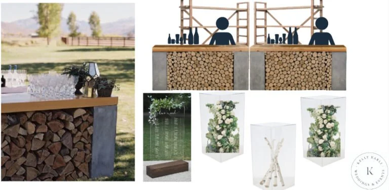 Cocktail hour moodboard with wood bar, acrylic seating chart, and floral columns for wedding design ideas.