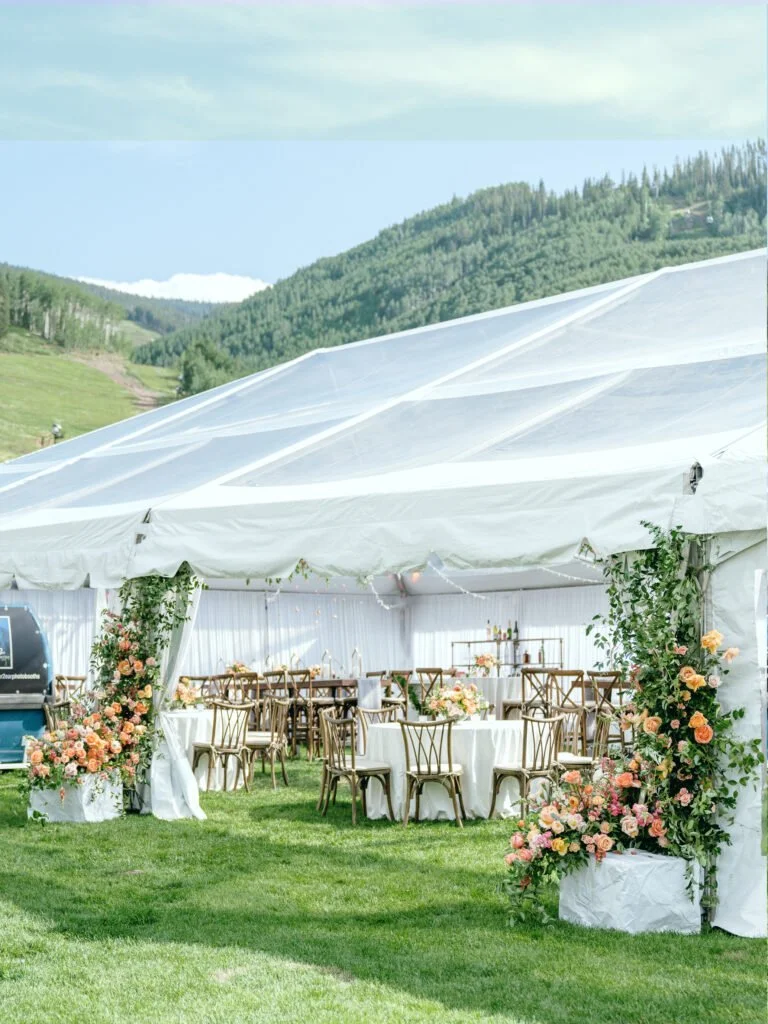 Elegant tented wedding setup with mountain backdrop and floral accents.