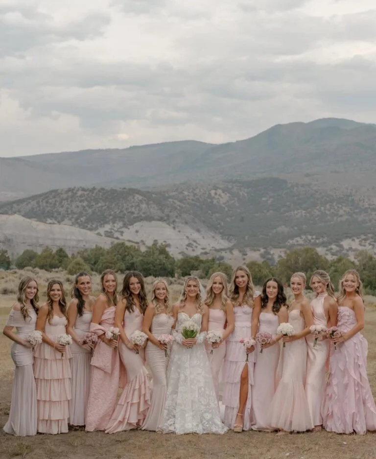 Bride with bridesmaids in soft pink dresses standing together in an open field with mountains in the background.