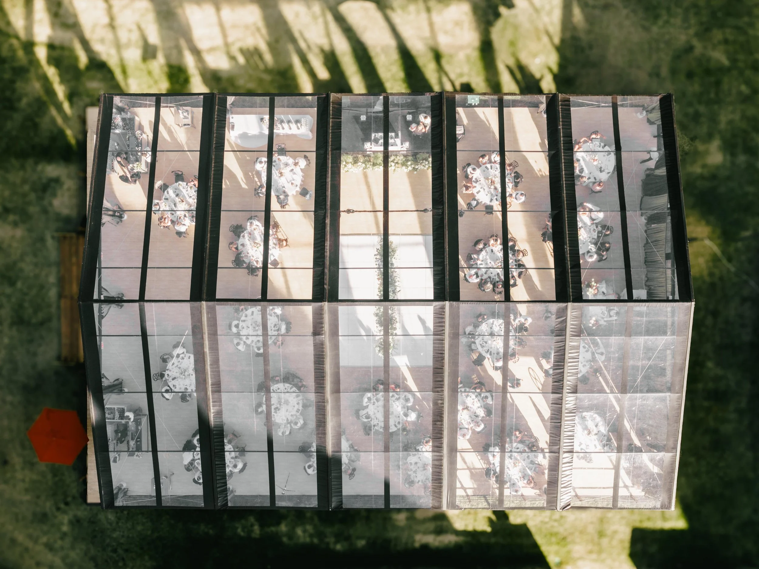 a birds eye view of a tented wedding venue in colorado