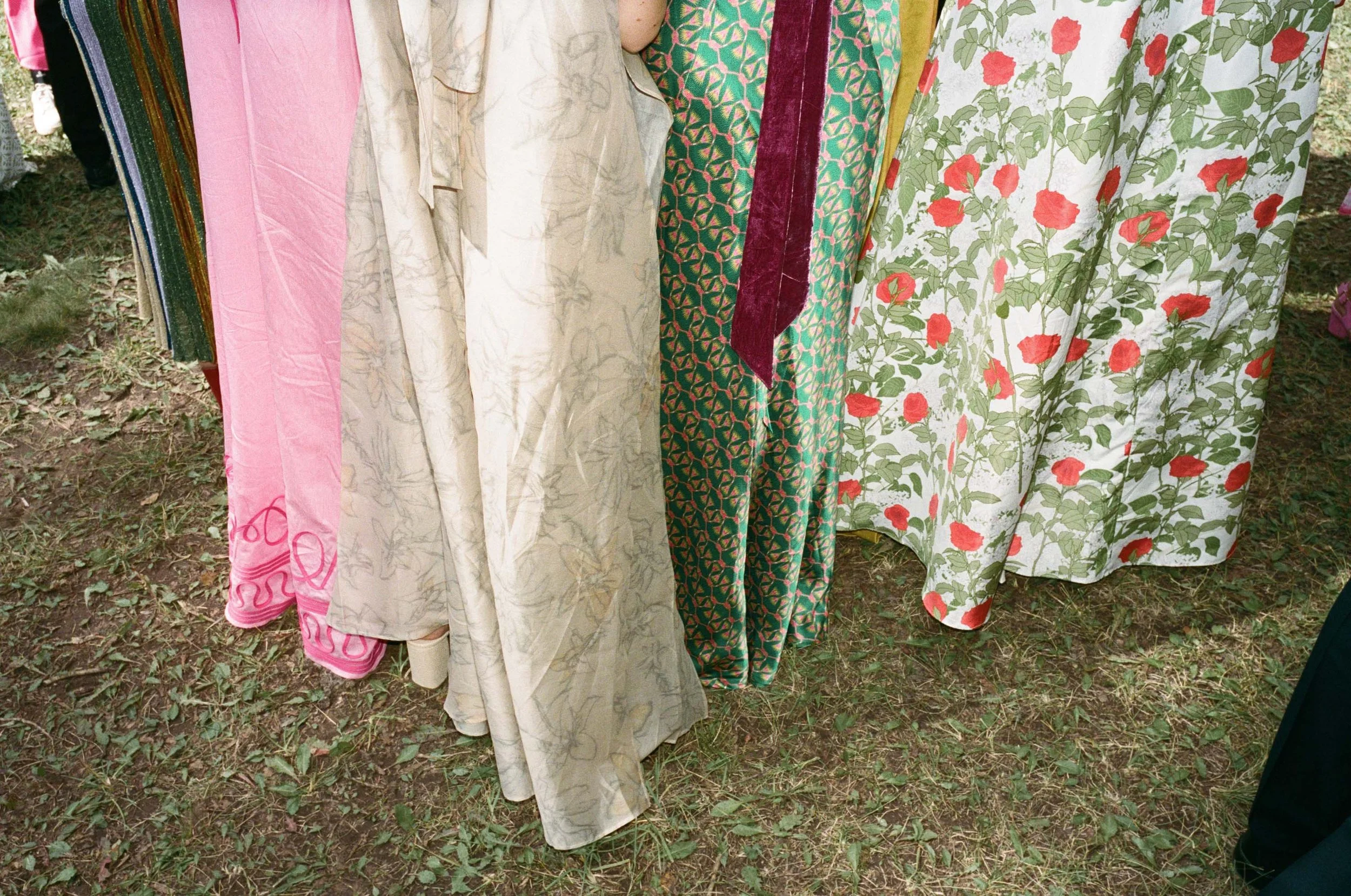 colorfol patterned dresses worn by the bridal party