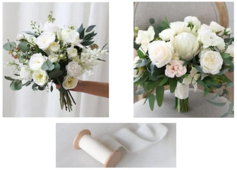 Bridal bouquets with white blooms and silk ribbon showcasing soft, romantic wedding design ideas.