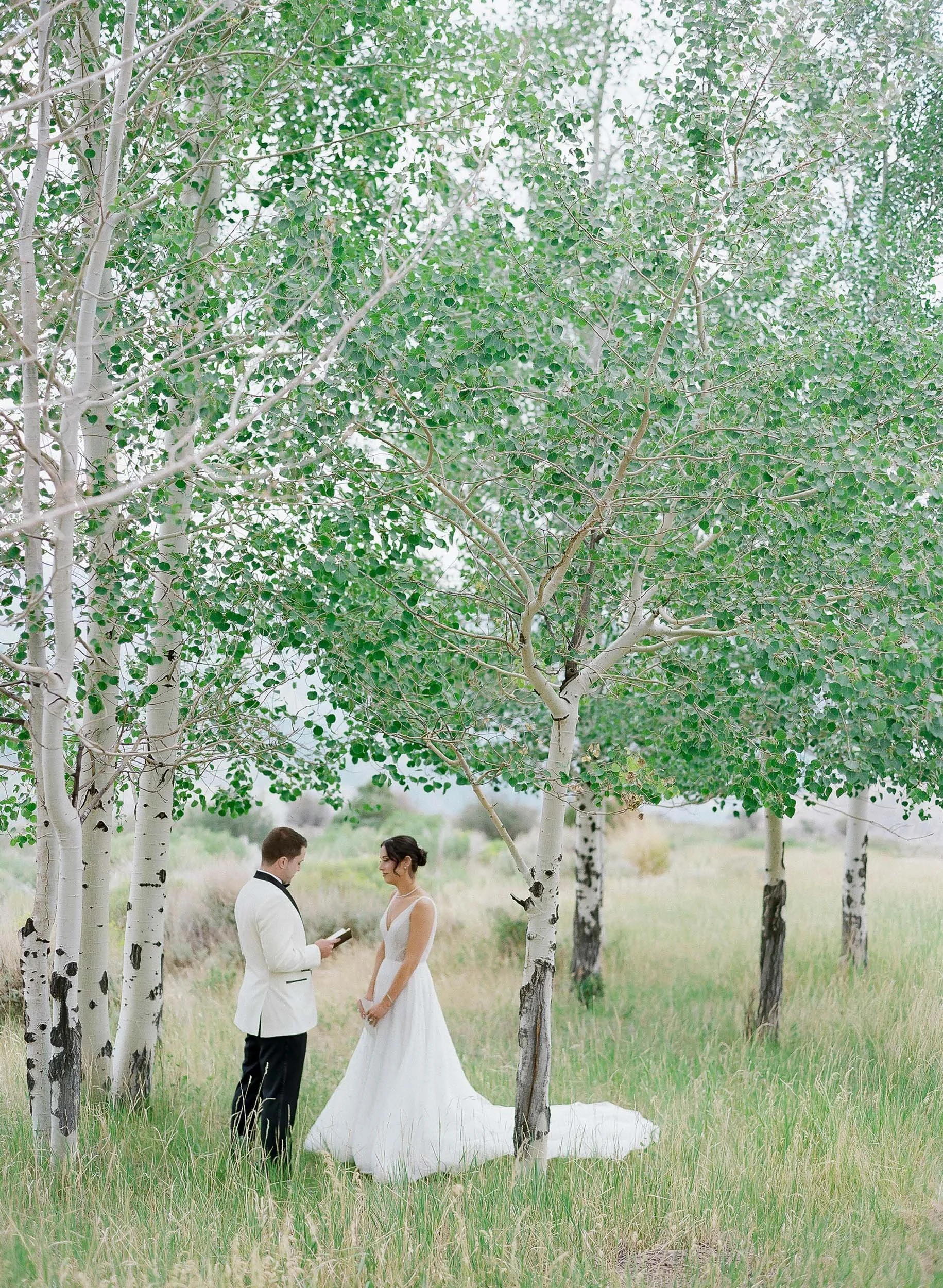 a groom reciting his vows to his bride in colorado mountains