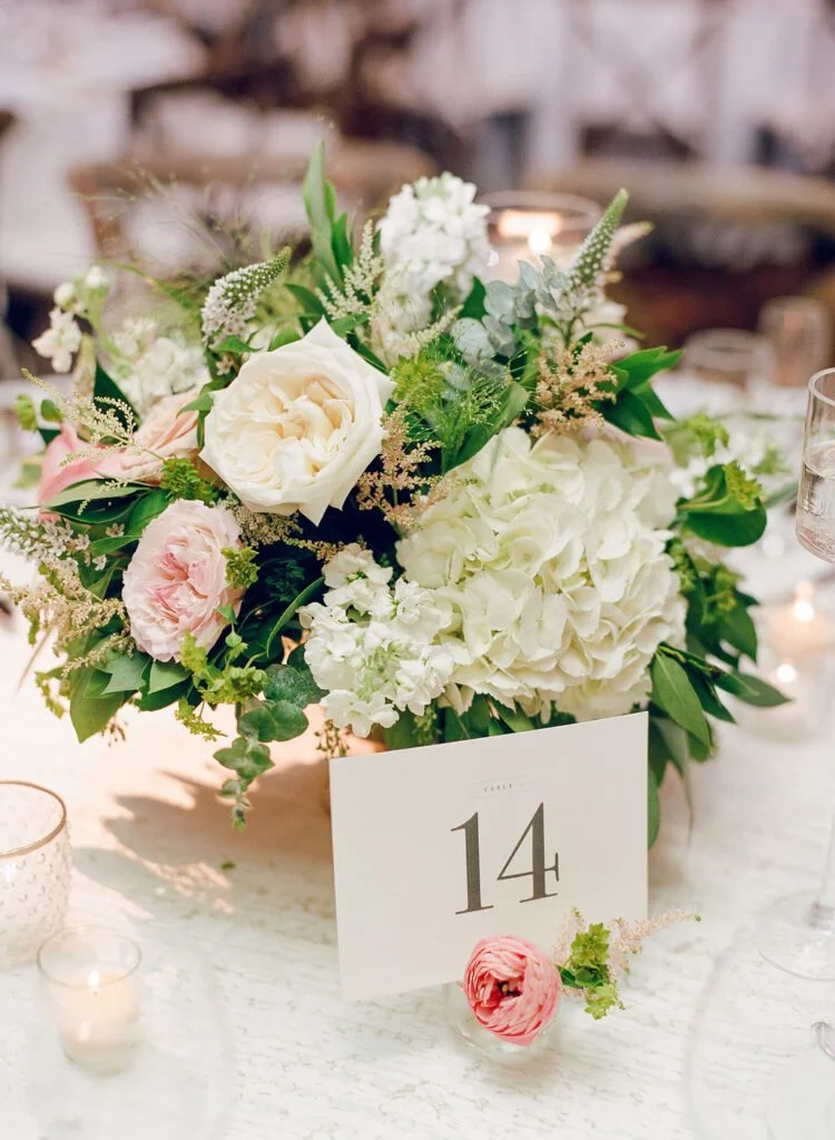 Romantic floral centerpiece with white hydrangeas, blush roses, and greenery, styled with a table number and glowing candlelight.