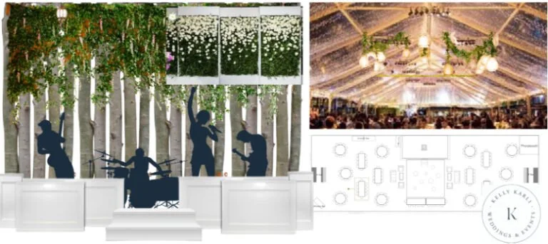 Wedding reception stage design with birch backdrop, band silhouettes, and tent lighting inspiration ideas.