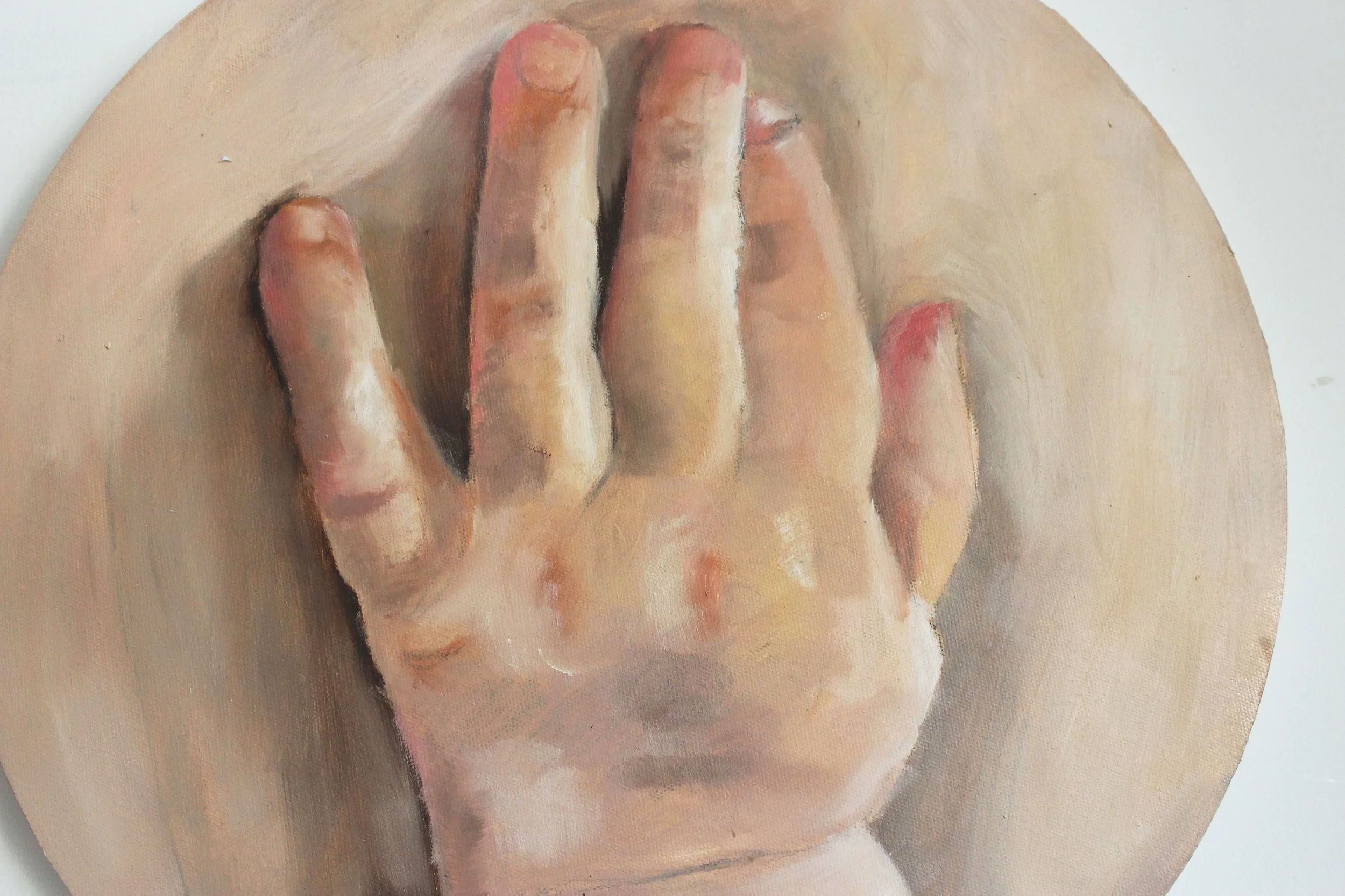 Close-up view of a baby's hand resting on the mothers chest. The image has a painterly style with detailed skin tones and shading.