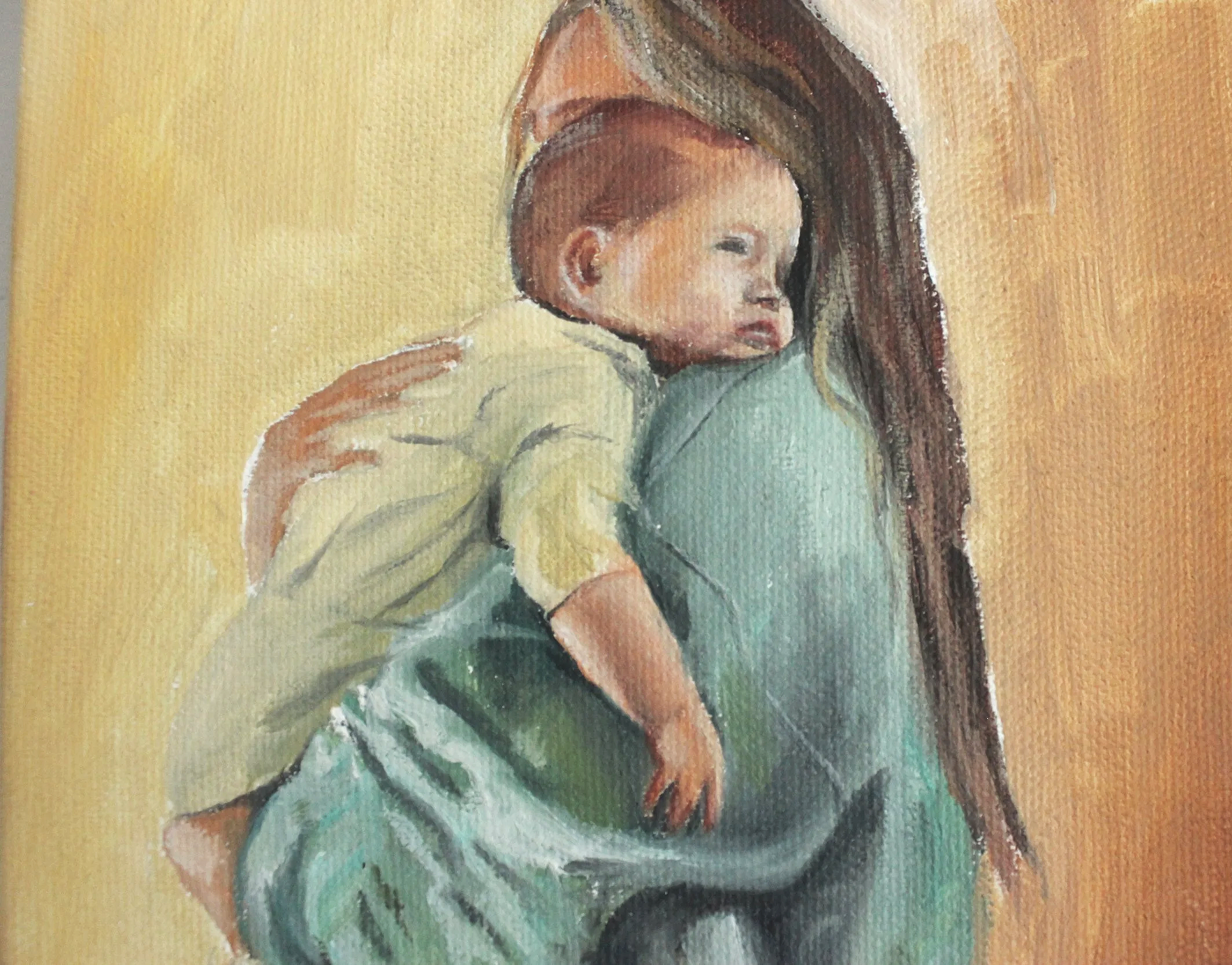 Painting of a woman with long brown hair and a child with short reddish hair, both in a close embrace, against a yellow background.