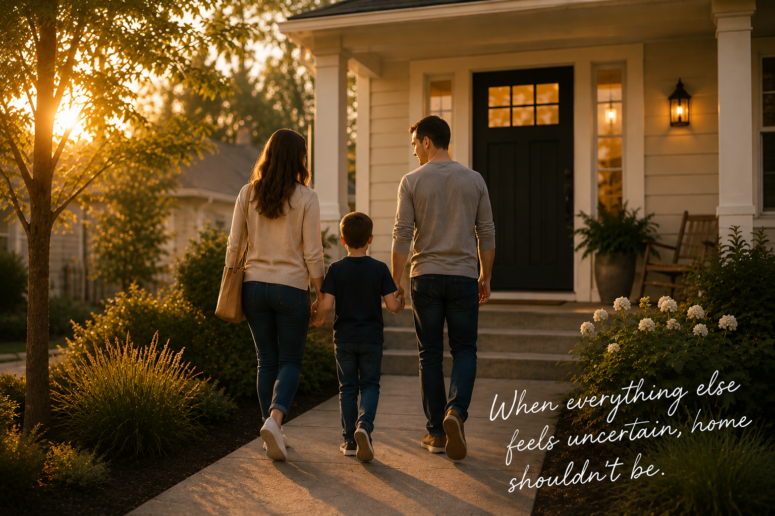 A family of three walking to their house during sunset, holding hands, with a front porch and a black door. The scene includes trees and bushes, with a quote that says 'When everything else feels uncertain, home shouldn't be.'.