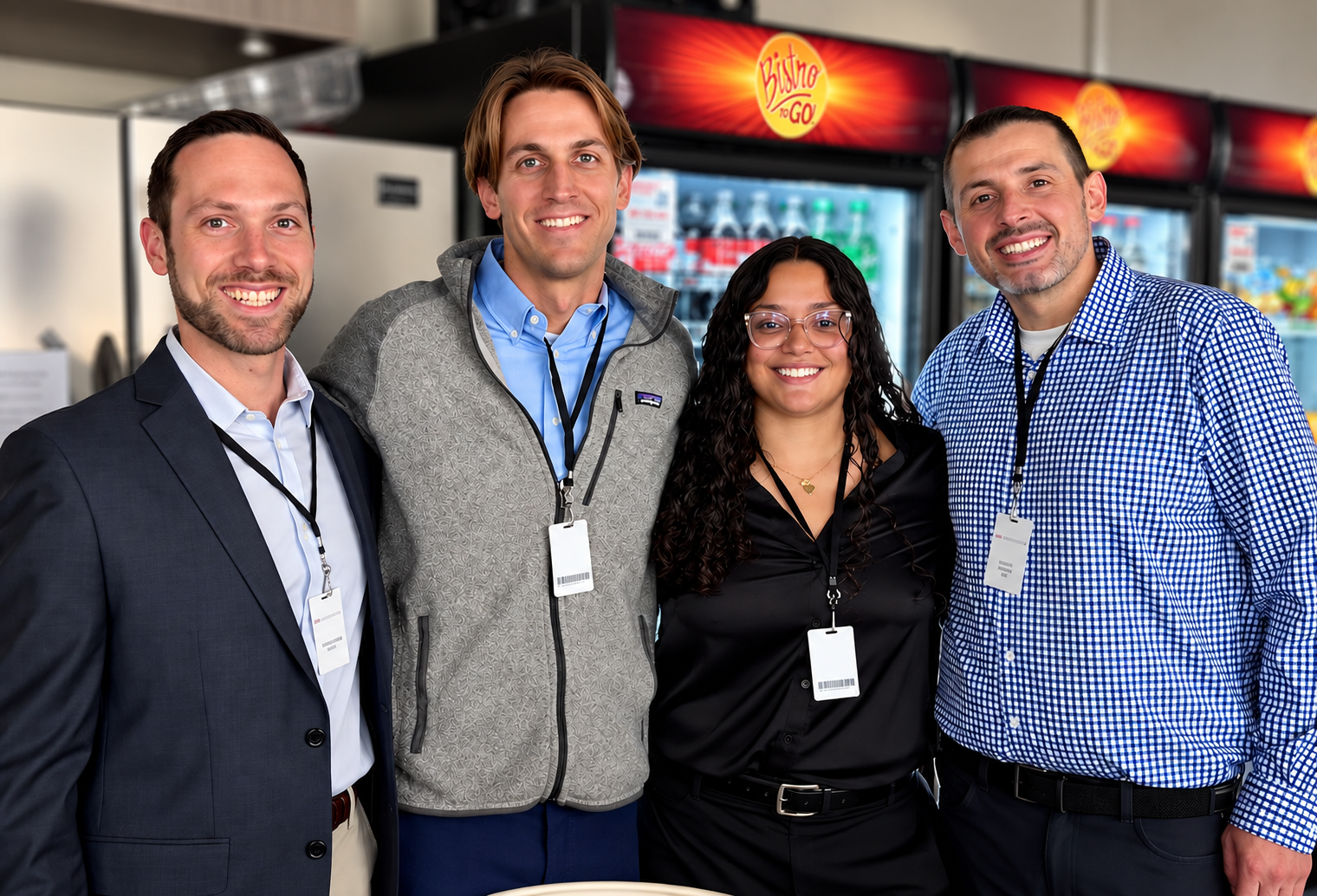 Group of four professionals smiling at a conference or event, standing in front of a vending machine with the sign 'Bistro To Go'.