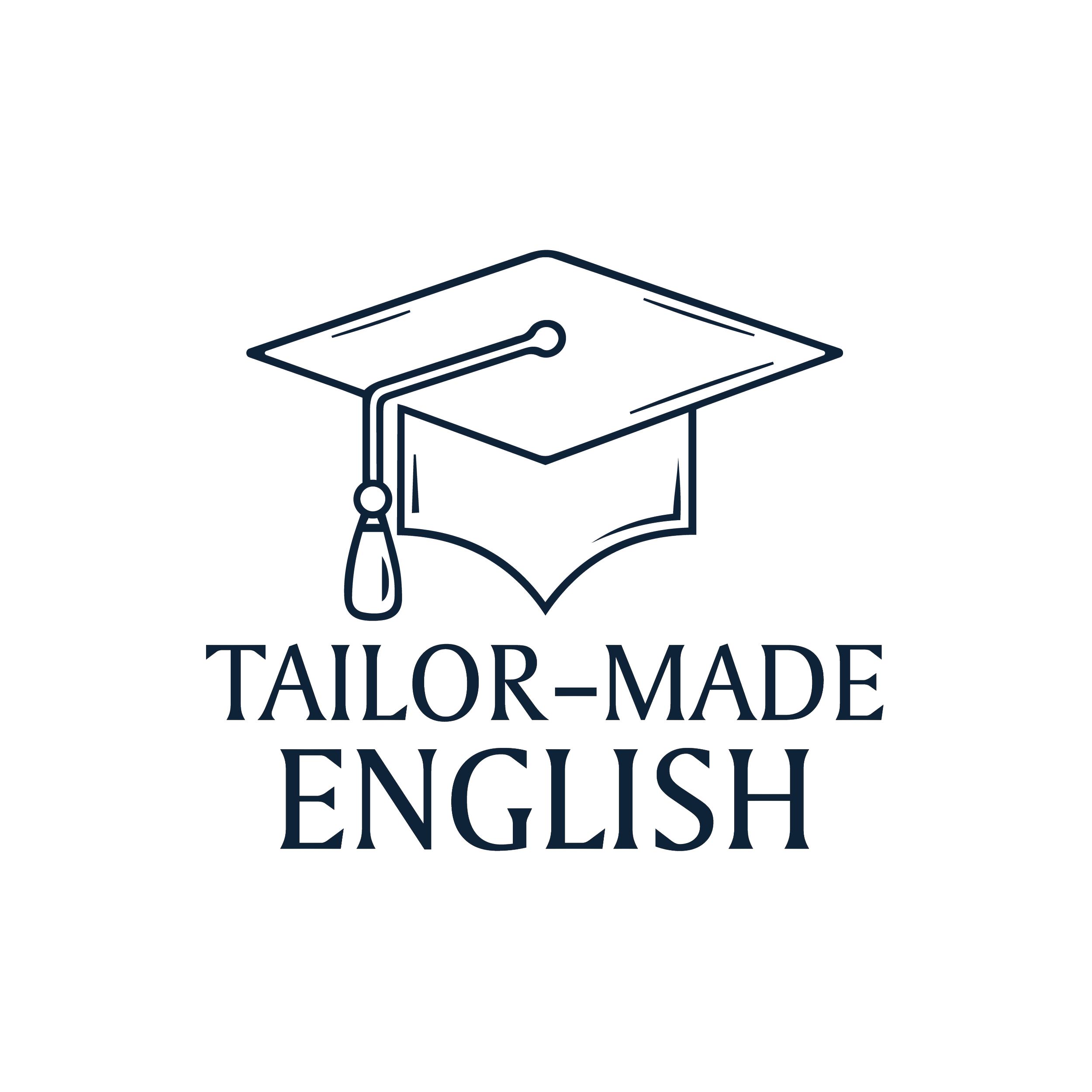 Logo de uma escola de idiomas com um chapéu de formatura e um livro aberto, com o texto 'Tailor-Made English' abaixo.