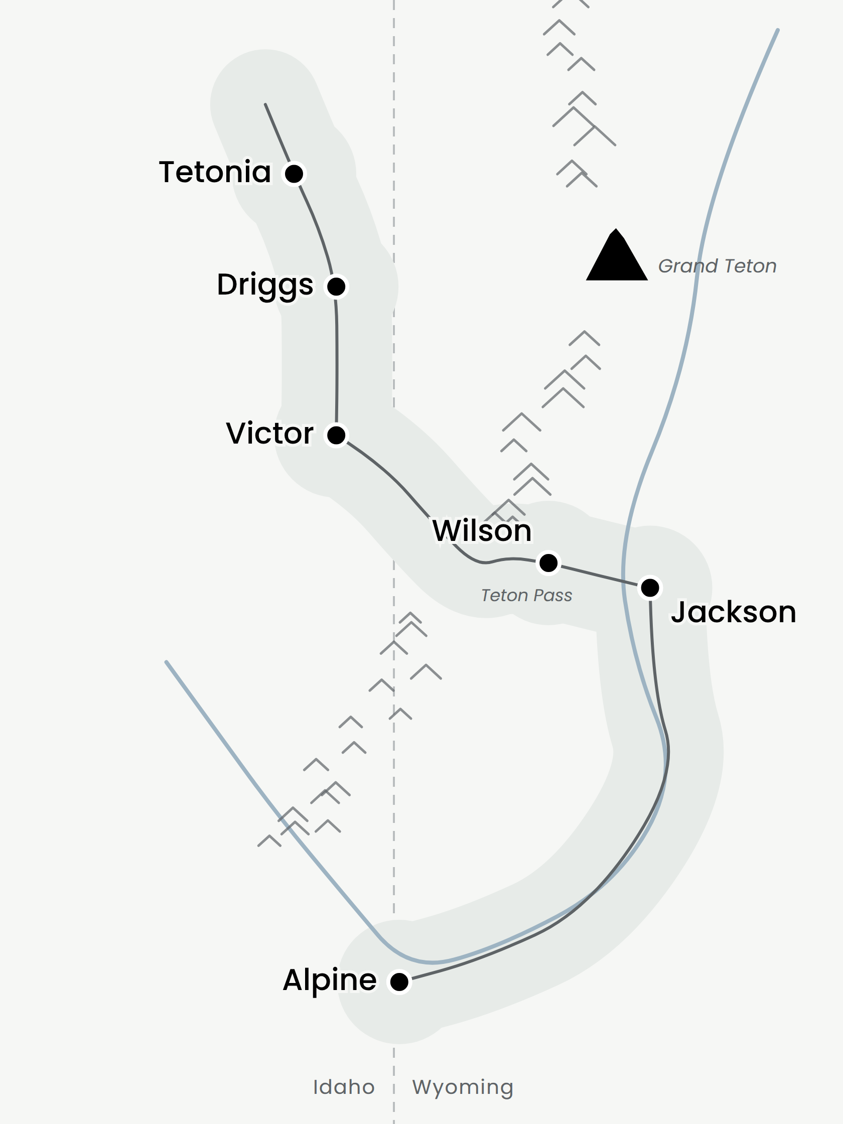 Map showing mountain range with peaks labeled Teton, Driggs, Victor, Wilson, and Jackson, located along the border of Idaho and Wyoming, with a separate label for Grand Teton.