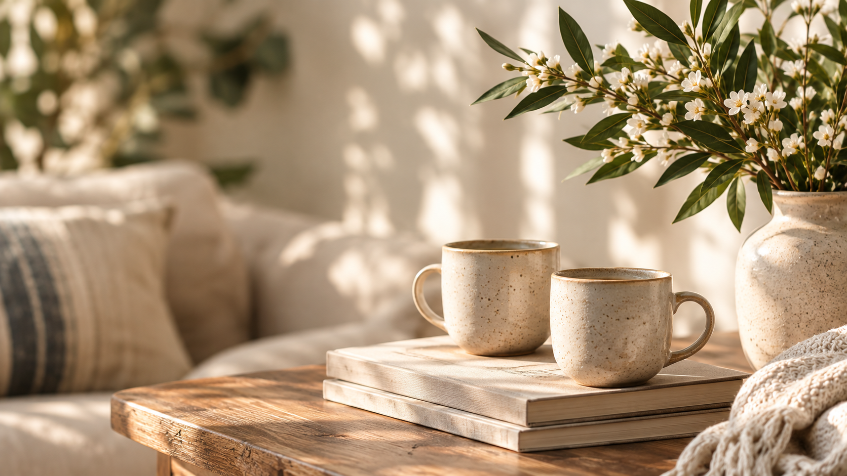 Two coffee cups in a warm, inviting therapy-inspired setting