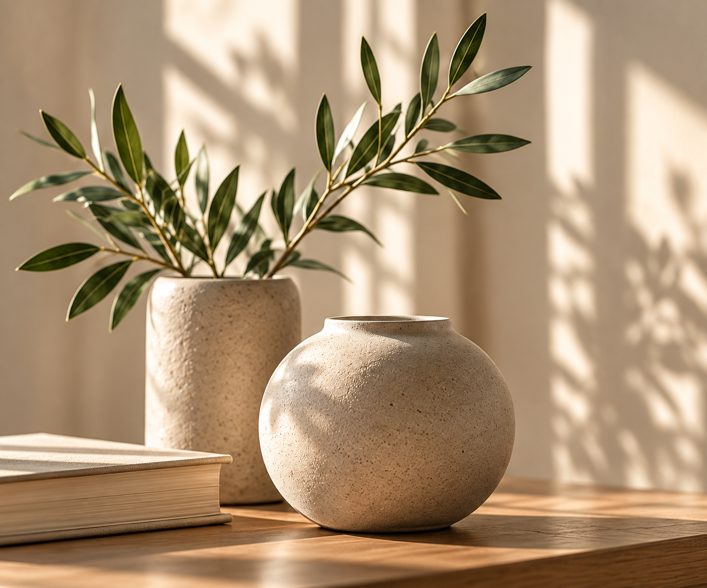 Neutral ceramic vases with leafy branches in soft natural light