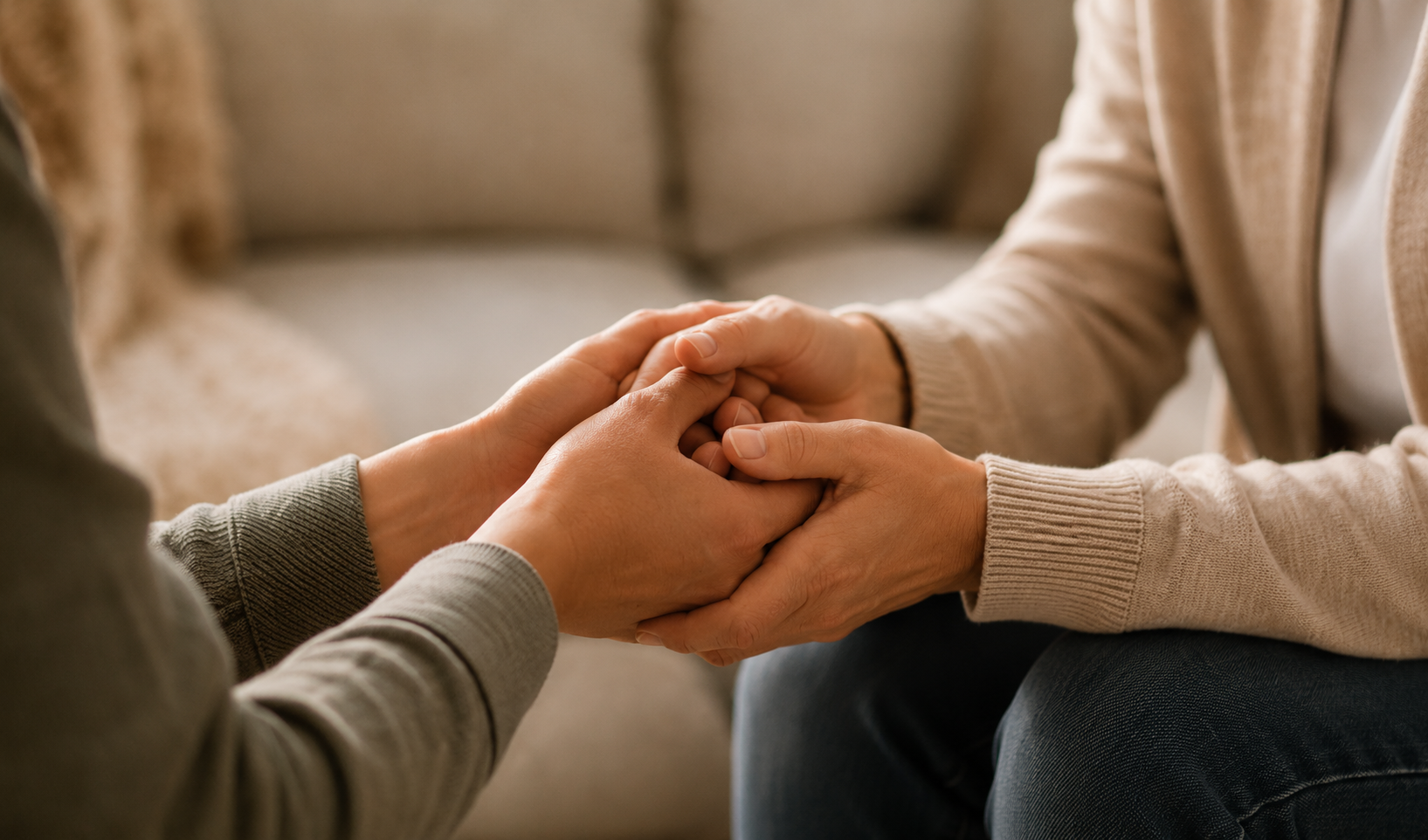 Couple holding hands during a supportive conversation