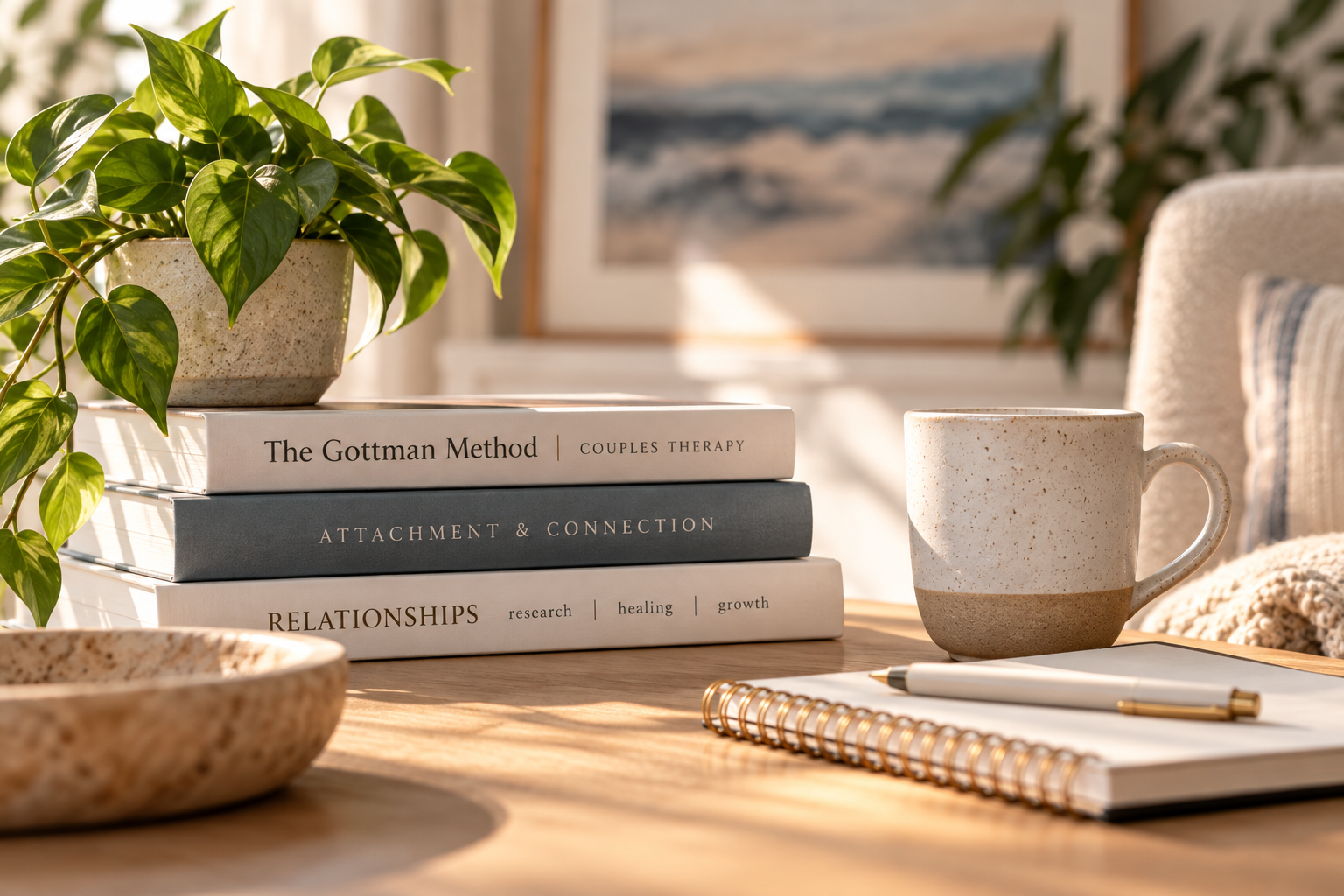 Relationship therapy books and journal in a warm, calming setting