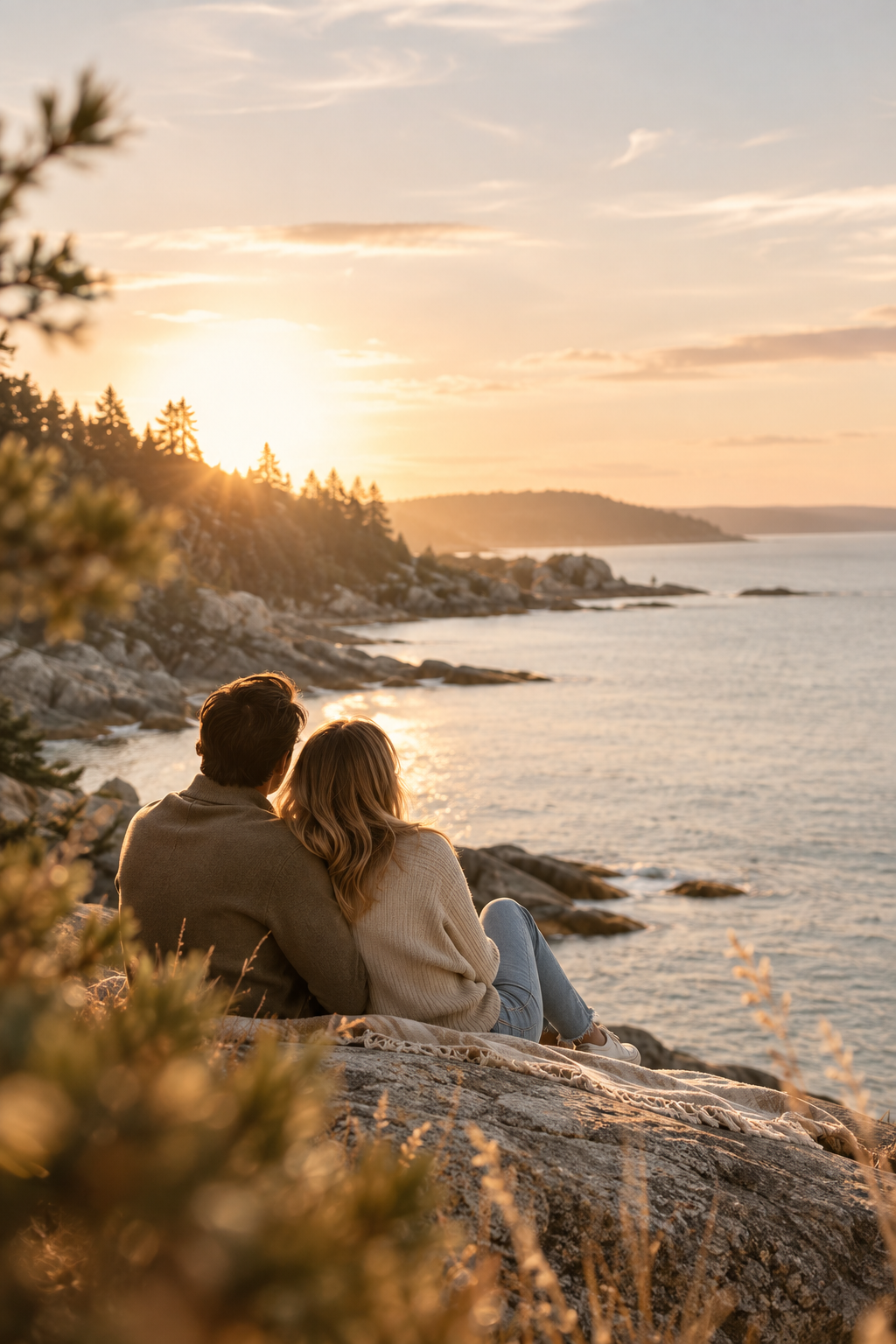 Couple sitting together by the water at sunset