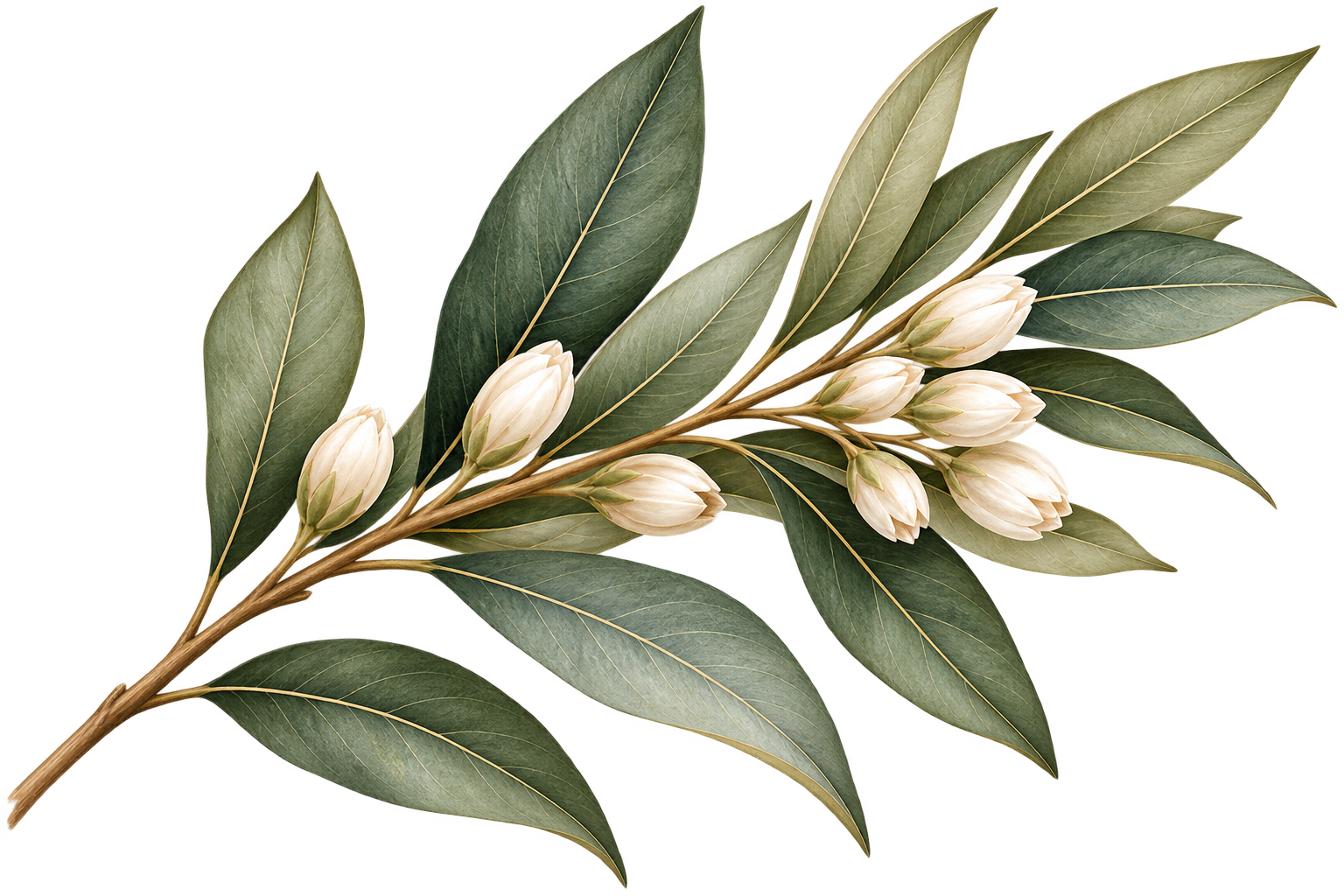 Botanical branch with green leaves and white flowers