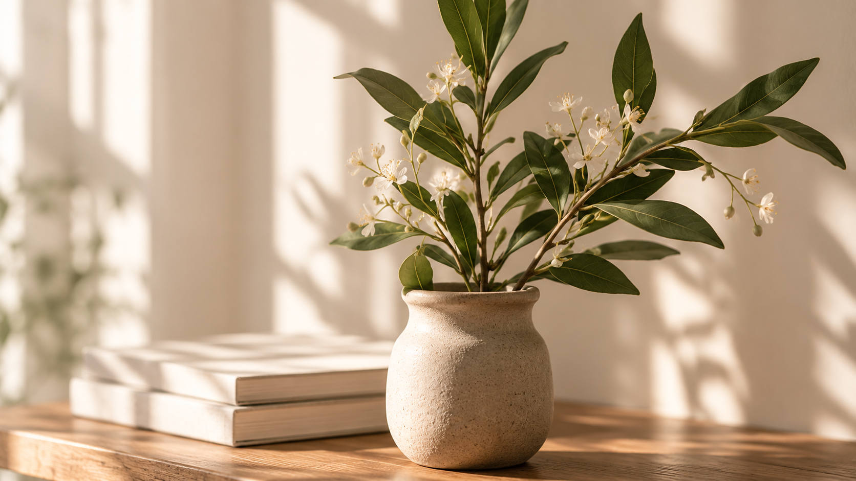 Ceramic vase with leafy branches and books in soft natural light