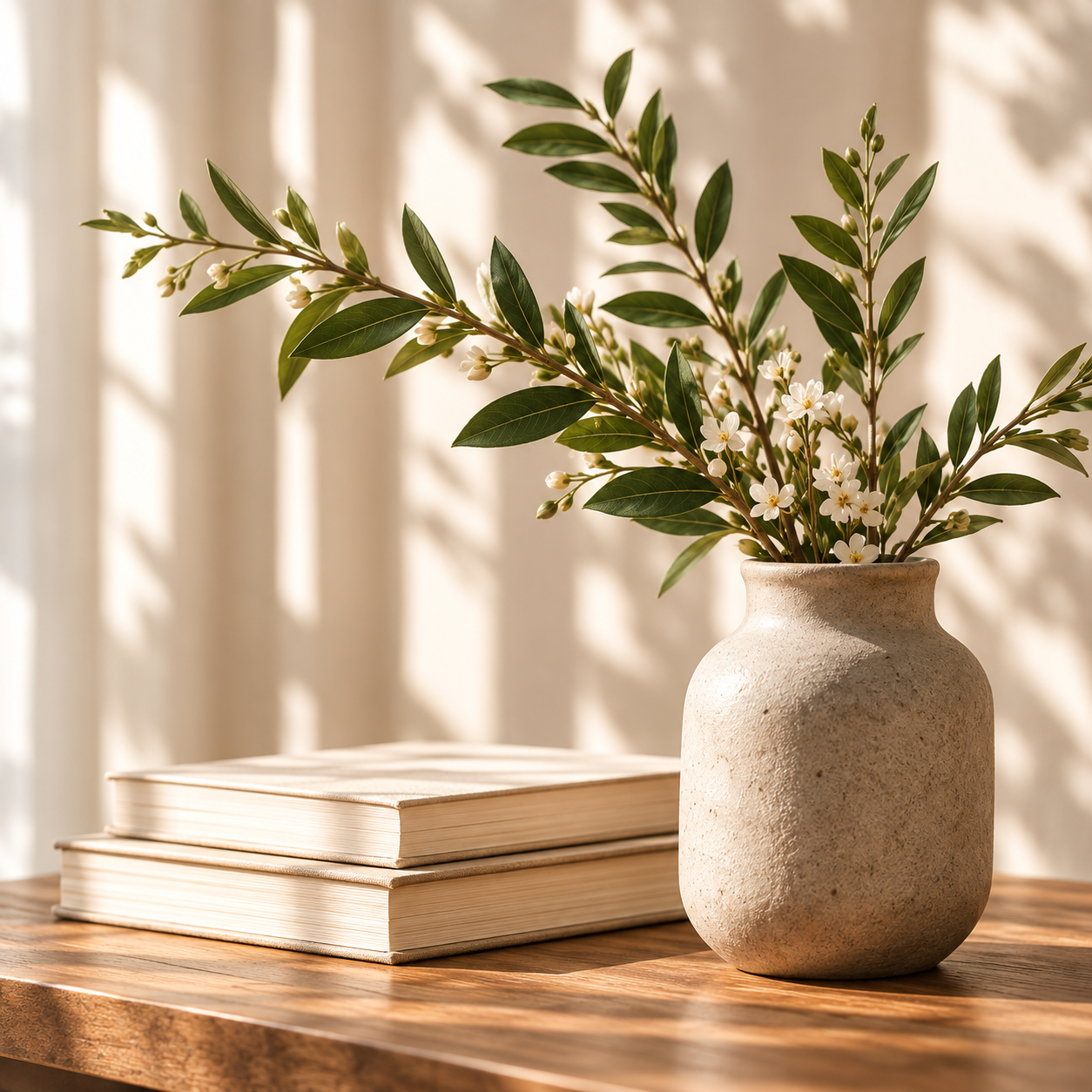 Ceramic vase with greenery and books in a calm, sunlit setting