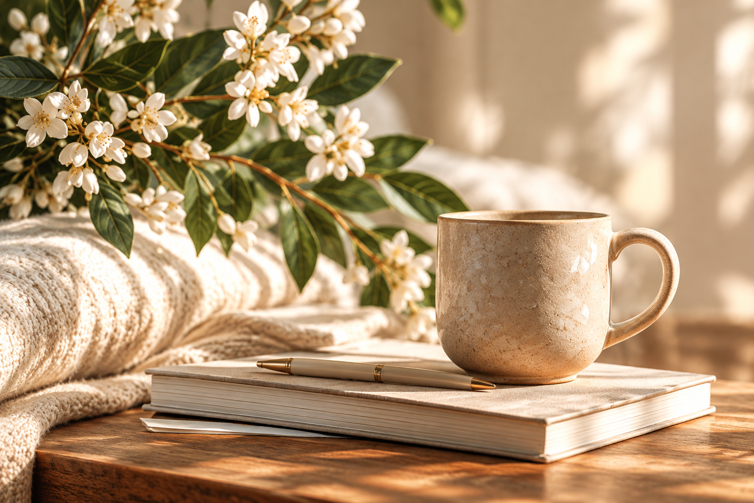 Coffee, notebook, and flowers in a peaceful therapy-inspired setting