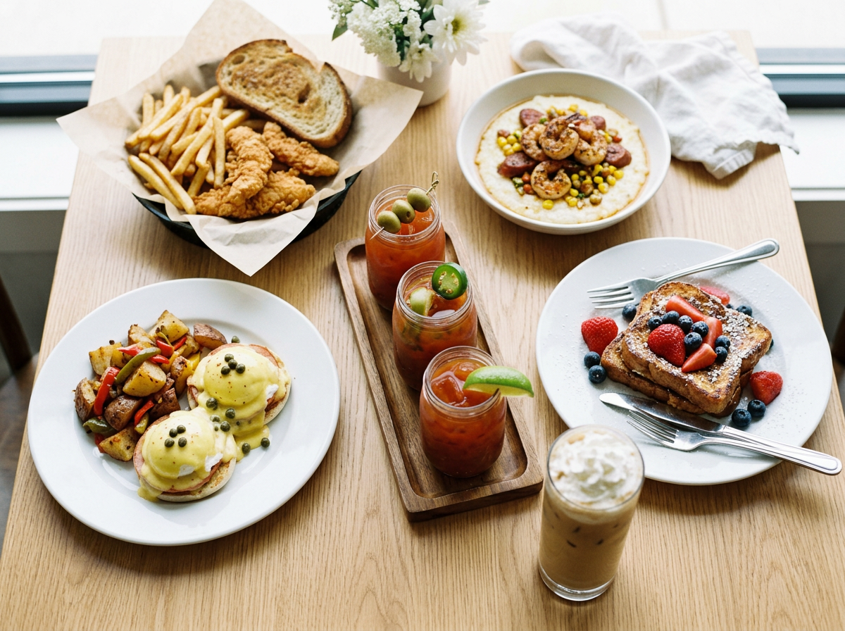 Breakfast table with various dishes including fried chicken with fries and bread, a bowl of shrimp and grits, a plate of eggs Benedict with vegetables, French toast with berries, a glass of iced coffee, and three cocktails garnished with fruit.