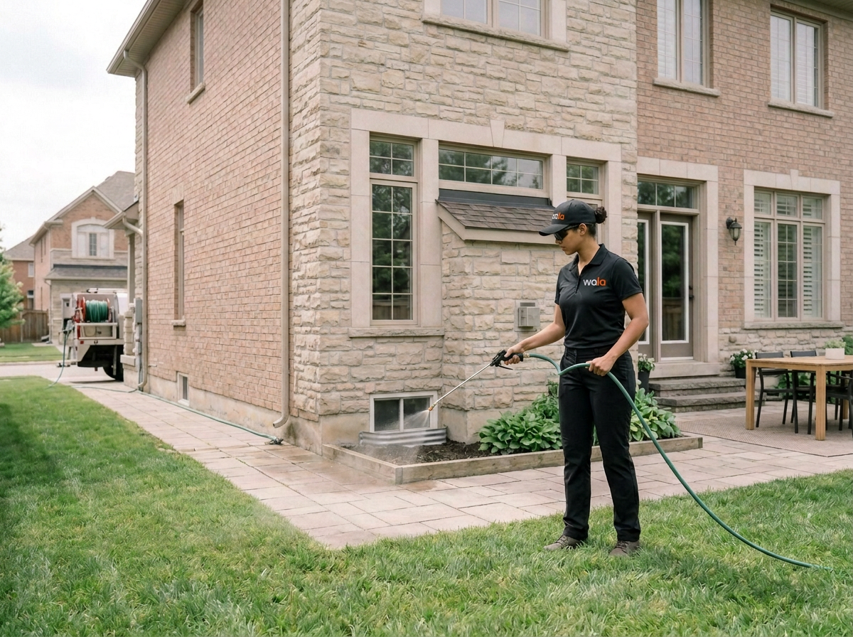 Wala woman pest control technician wearing a black Wala uniform, hat, and sunglasses using a pressure washer to clean the patio area outside a brick house.