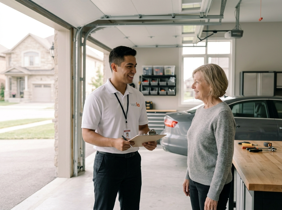 Wala sales rep meeting with in a white polo shirt with a company logo is smiling and holding a clipboard, talking to an older woman with gray hair, in a garage.